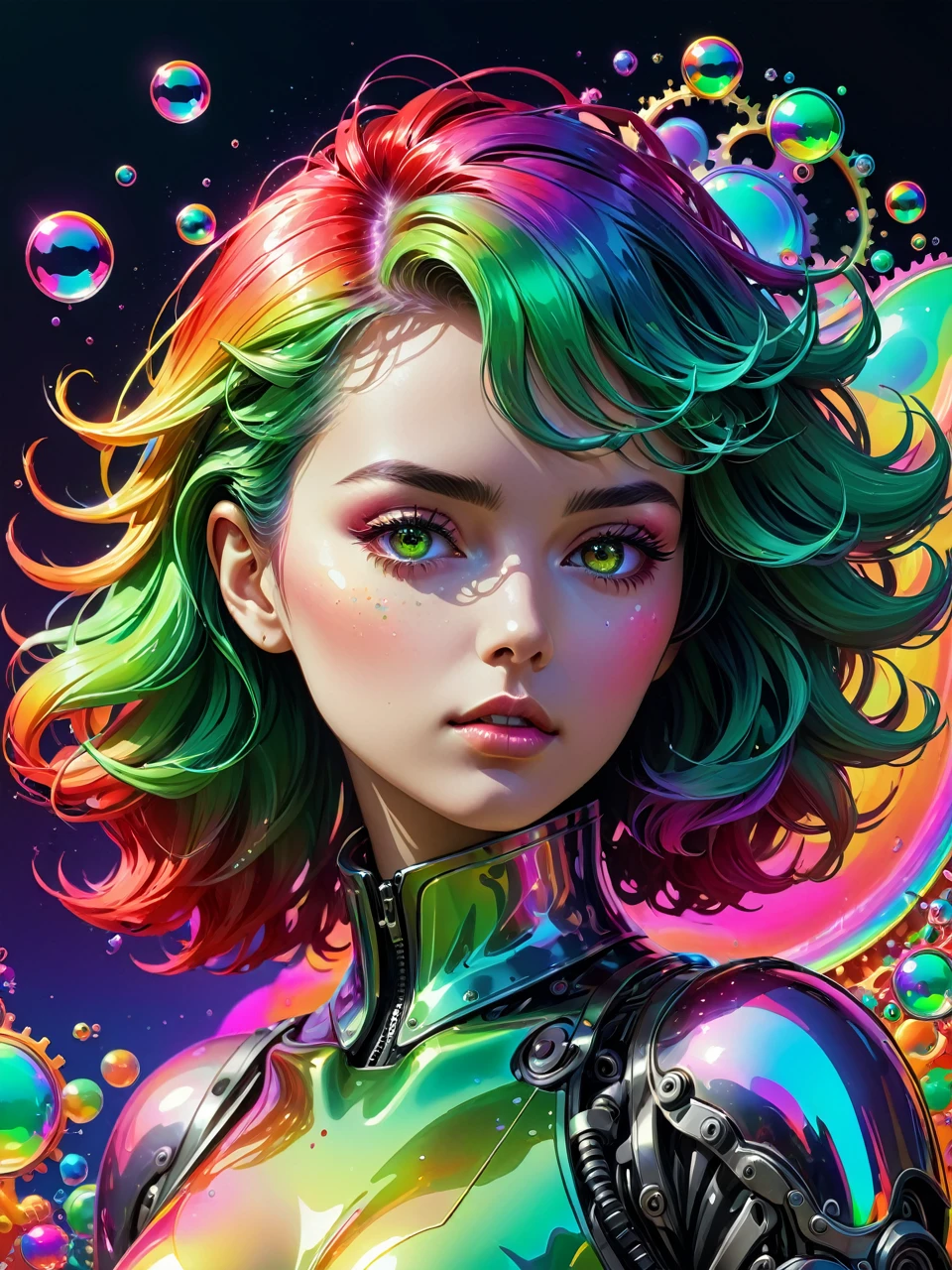 Viscous liquids,Portrait of a woman made of colorful metal,Machine Gear,Neon Gradient,(Soaring colorful bubbles,Vaporwave:1.37),(Laser colorful light waveetal Refraction,(Many liquid bubbles:1.37)、Colorful gradient geometric art and other elements,Futuristic and retro elements collide、Recombination。Exaggerated artistic expression,Concept Art, red,green,green