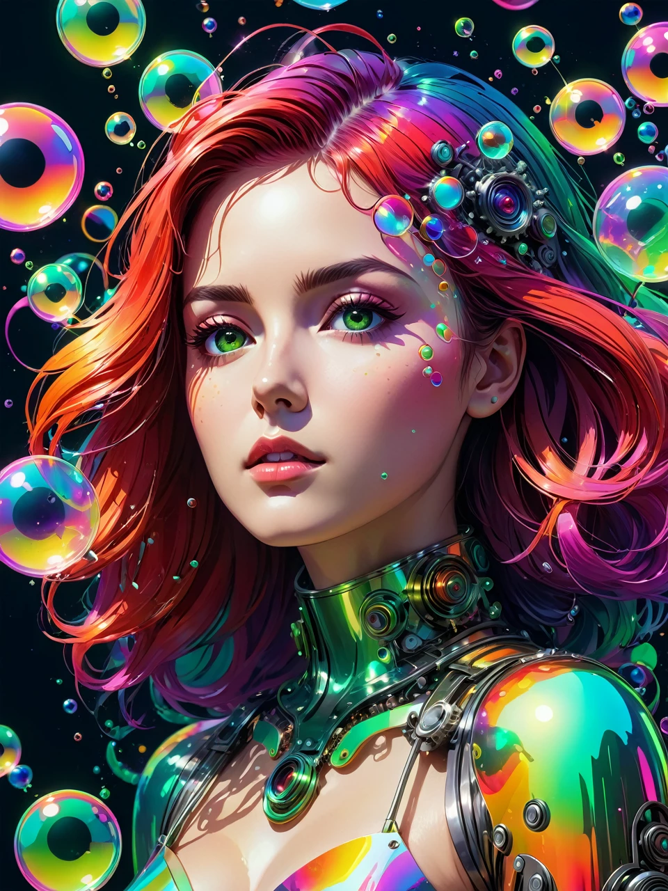 Viscous liquids,Portrait of a woman made of colorful metal,Machine Gear,Neon Gradient,(Soaring colorful bubbles,Vaporwave:1.37),(Laser colorful light waveetal Refraction,(Many liquid bubbles:1.37)、Colorful gradient geometric art and other elements,Futuristic and retro elements collide、Recombination。Exaggerated artistic expression,Concept Art, red,green,green