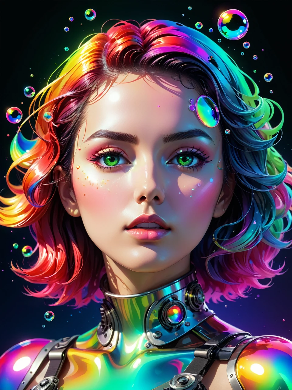 Viscous liquids,Portrait of a woman made of colorful metal,Machine Gear,Neon Gradient,(Soaring colorful bubbles,Vaporwave:1.37),(Laser colorful light waveetal Refraction,(Many liquid bubbles:1.37)、Colorful gradient geometric art and other elements,Futuristic and retro elements collide、Recombination。Exaggerated artistic expression,Concept Art, red,green,green