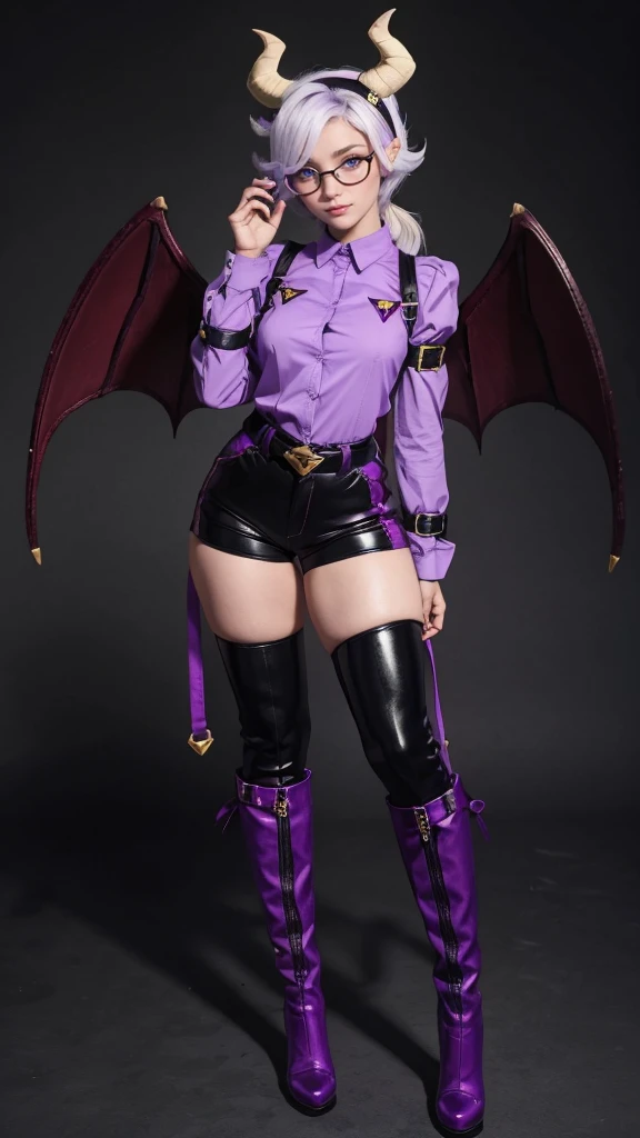 colettetrixie, red skin, sharp teeth, hair over one eye, hairband, demon horns, colored sclera, purple shirt, purple shorts, demon wings,black thigh high boots,standing, tall, thin legs,Darkened glasses.