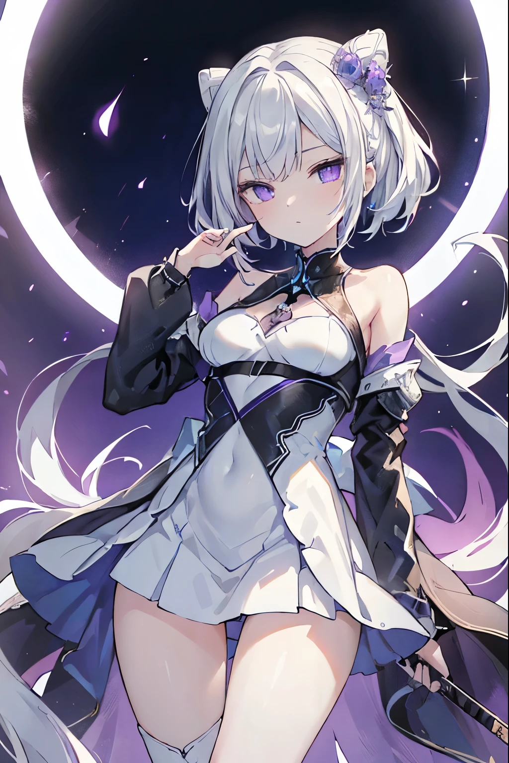 1girl, アニメ, cute girl, blank background, white background, fantasy, detailed fantasy dress with highlights, beautiful face, beautiful eyes, dark colors, black hair with multicolor streaks, red eye with different color pupil in eye, multicolor eye, medium breasts, slight cleavage, beautiful skin, cute, breast curtains, extremely delicate and beautiful, (beautiful detailed face:1.0), (detailed deep eyes), symmetrical breasts, deep eyes, shiny skin, portrait, slender waist, hips wider than shoulders, thighs, expressionless, young girl, luminous eyes, adorable，（Kpop idol）,（aegyo sal：1），（Platinum blonde hair：1），（（puffy eye）），Black panty，sexy posture，Superskirt, Ultra-high resolution，Black collar，slim figure, Abdominal y tattoo, womb tattoo，Tight-fitting leg ring，y tattoo on half-body，Bare skin, Armored hand，Hidden fingertips，Hand covered，Arm covered，Fist covered,{{beautiful detailed fingers}}, tufts of hair, moderate beautiful breast:1.0,(masterpiece:1.2), best quality, high-res, HDR, perfect face, intricate armor, delicate blue filigree, intricate filigree, red metalic parts, detailed part, dynamic pose, dynamic lights, cute face, neutral expression, shuimobysim, lotus, Hanfu, maxi skirt, dress conservatively 1girl, 独奏, long blue hair, standing, One lady,14years,((White hair) ,(Shiny purple bodysuit with microskirt),((Fantasy, Moon Night)), gradient_eyes,