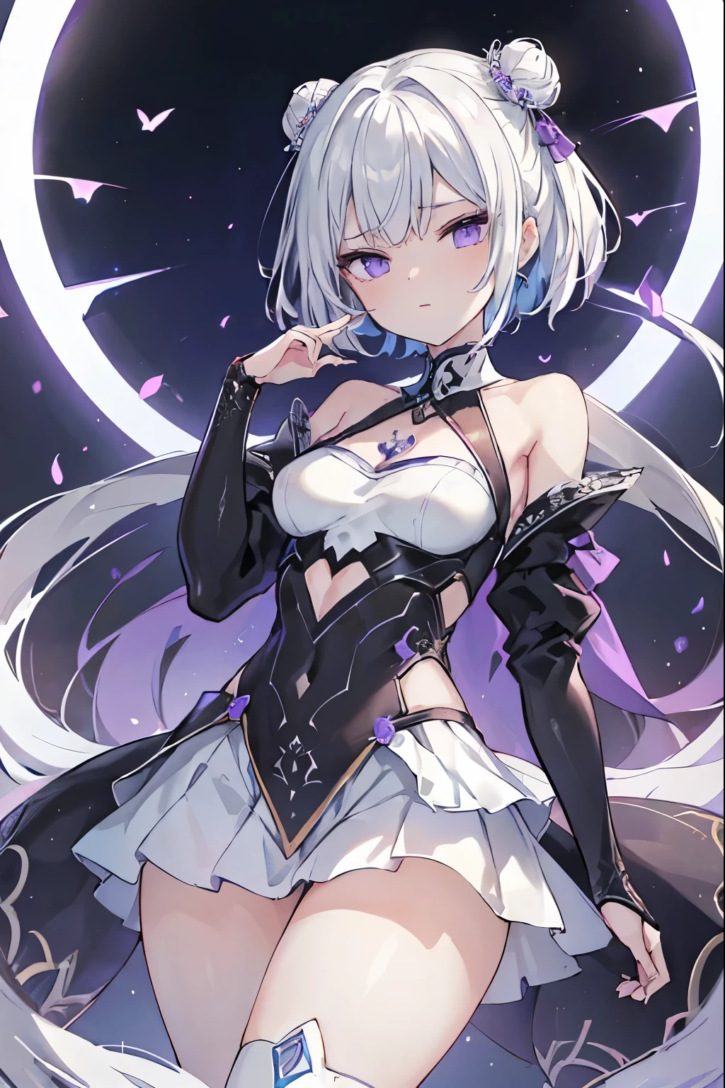 1girl, アニメ, cute girl, blank background, white background, fantasy, detailed fantasy dress with highlights, beautiful face, beautiful eyes, dark colors, black hair with multicolor streaks, red eye with different color pupil in eye, multicolor eye, medium breasts, slight cleavage, beautiful skin, cute, breast curtains, extremely delicate and beautiful, (beautiful detailed face:1.0), (detailed deep eyes), symmetrical breasts, deep eyes, shiny skin, portrait, slender waist, hips wider than shoulders, thighs, expressionless, young girl, luminous eyes, adorable，（Kpop idol）,（aegyo sal：1），（Platinum blonde hair：1），（（puffy eye）），Black panty，sexy posture，Superskirt, Ultra-high resolution，Black collar，slim figure, Abdominal y tattoo, womb tattoo，Tight-fitting leg ring，y tattoo on half-body，Bare skin, Armored hand，Hidden fingertips，Hand covered，Arm covered，Fist covered,{{beautiful detailed fingers}}, tufts of hair, moderate beautiful breast:1.0,(masterpiece:1.2), best quality, high-res, HDR, perfect face, intricate armor, delicate blue filigree, intricate filigree, red metalic parts, detailed part, dynamic pose, dynamic lights, cute face, neutral expression, shuimobysim, lotus, Hanfu, maxi skirt, dress conservatively 1girl, 独奏, long blue hair, standing, One lady,14years,((White hair) ,(Shiny purple bodysuit with microskirt),((Fantasy, Moon Night)), gradient_eyes,