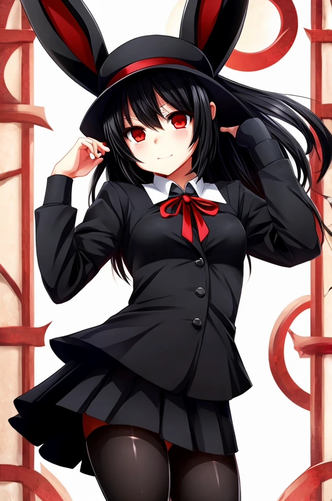 girl, anime, black hair, Red eyes, black hat, black rabbit ears,black top,black skirt, black tights.