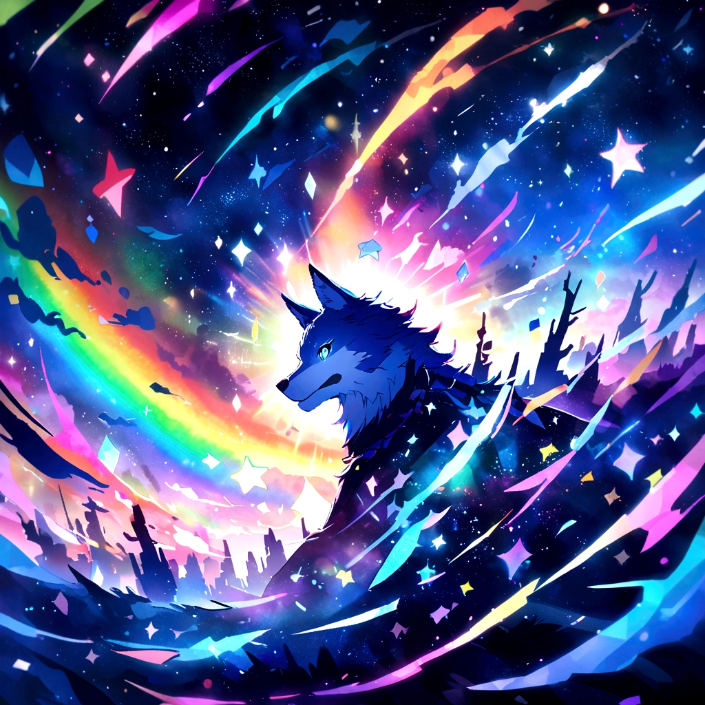 Card Frame Blue wolf Rainbow background Very colorful Design a starry sky