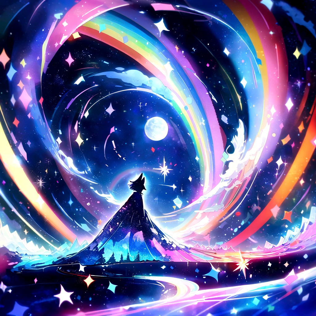 Card Frame Blue wolf Rainbow background Very colorful Design a starry sky