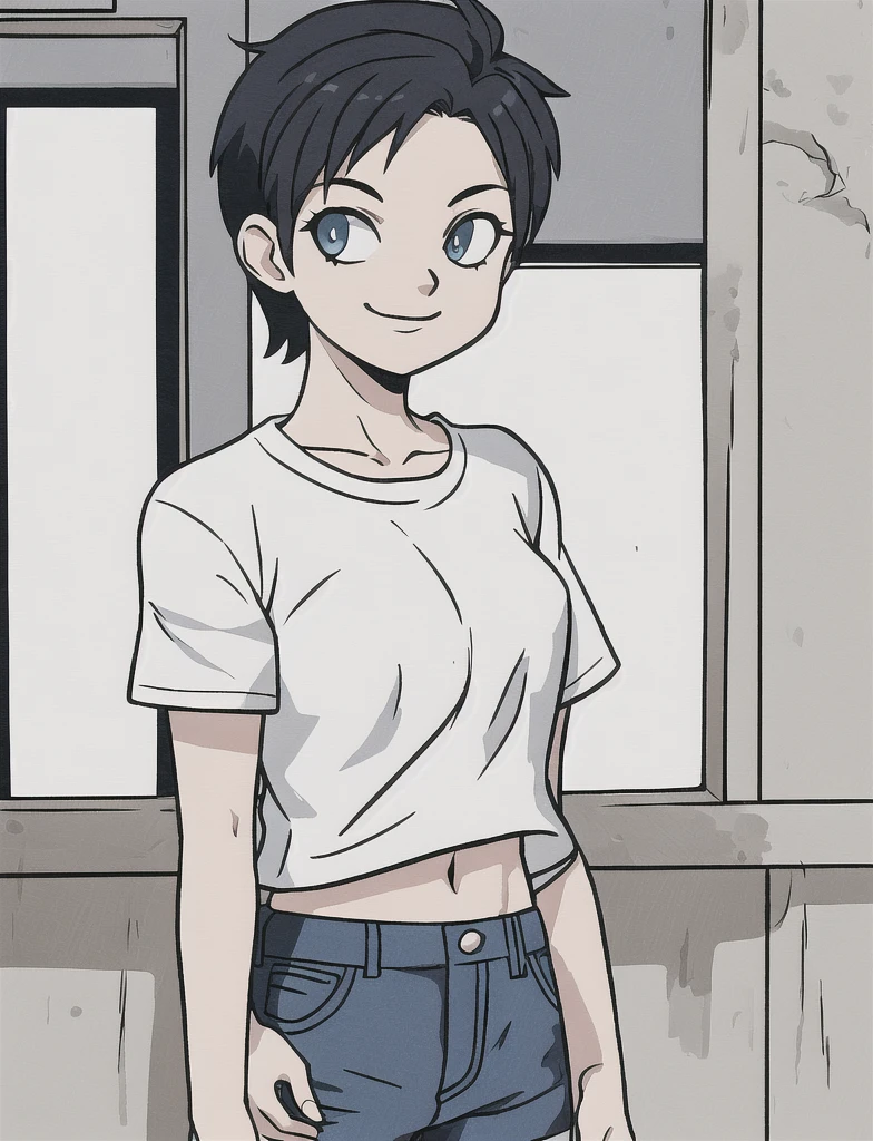 1girl, solo, (tomboy:1.2), (upper body:1.2), standing, short hair, looking at viewer, smile, closed mouth, medium breasts, white shirt, shorts, denim, indoors,
