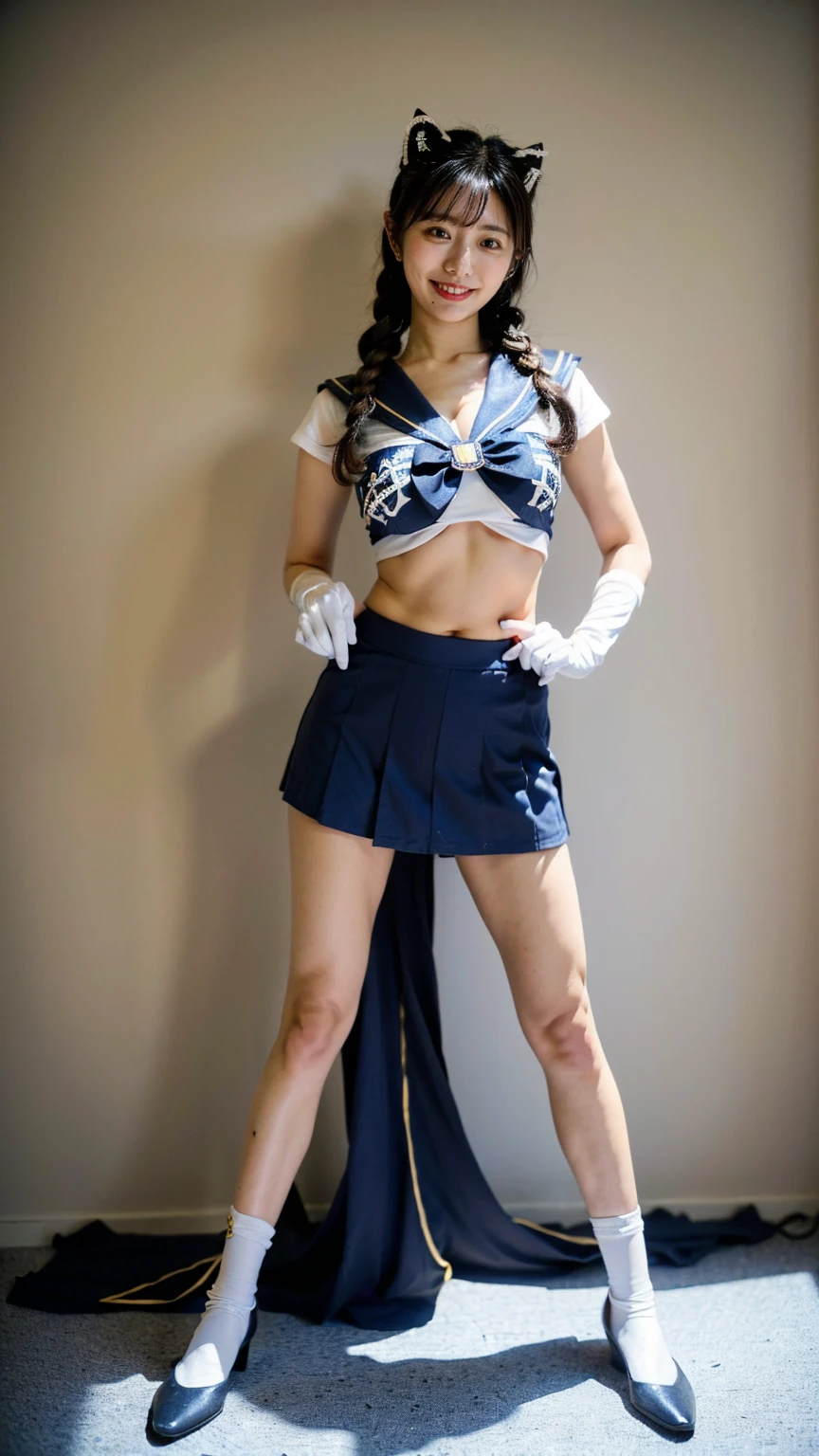 (8K、RAW Photos、Highest quality、masterpiece:1.2)、(Realistic、Realistic)、1 girl、((Sailor Warrior Outfits:1.5、With pubic hair、Large Breasts、Full body from the front、Standing with hands behind back、、Lots of eyelashes、Glowing eyelids、skeletally correct、smile、This photo will awaken boys to sex