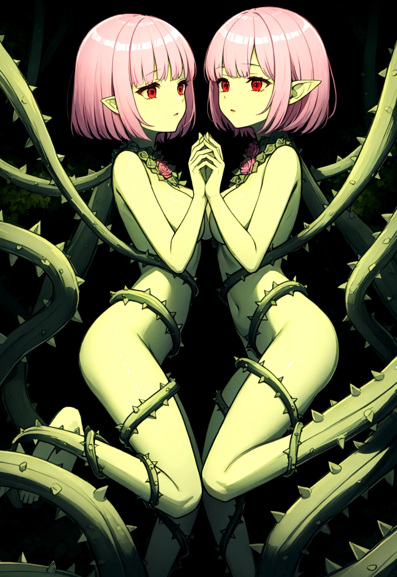 Two Girls、((Both have green skin))、((They have pink short-cut hair for each other.))、Araune、roseの花、Huge 、belly button、(Clothes made up of thick vines and leaves)、rose、Parted lips、Pointed Ears、(Red eyes),(首と髪にroseの花),(Full nudity),(Thick vines with thorns crawl all over the body)