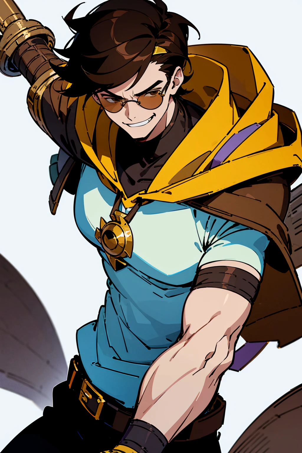 ((illustration)), (best quality)), ((masterpiece)), (detailed), ((white background)), teenage, boy, dark hair, brown eyes, muscular, shirt, black hoodie, sunglass, smirking, solo, gauntlet, day, stylish, slick hair,