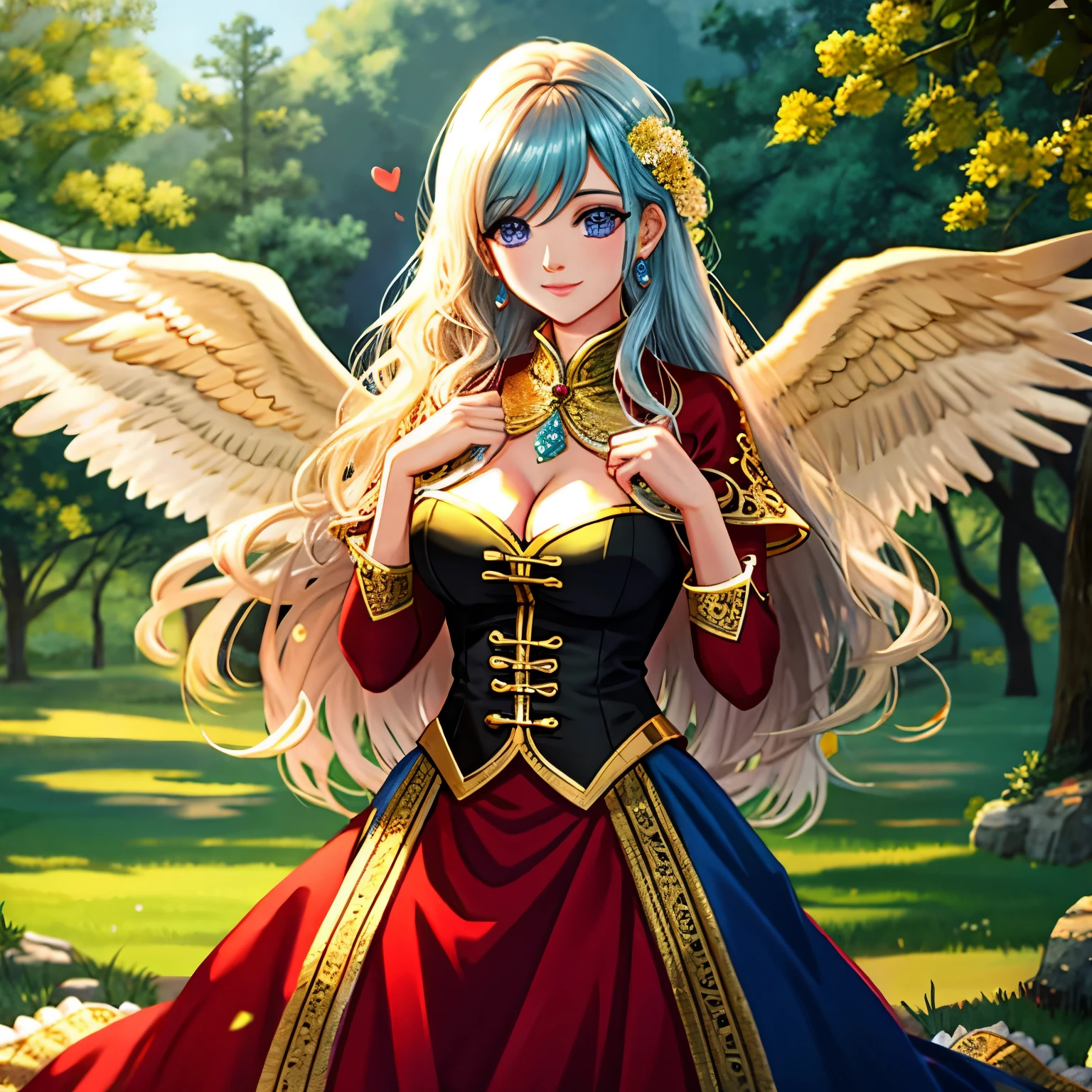 Illustration Enhancement: **(masterpiece, best quality)**, **(ultra-detailed)**, super high resolution, **(Top Quality photorealistic Illustration)**, **(Super Definition)**, (cute illustration:1.3), (high Saturation:1.2), detailed beautiful face and eyes, **(an extremely delicate and beautiful)**, (nice hands, perfect hands), (appropriate posture), (appropriate configuration), ideal ratio body proportions BREAK
Theme: **Blessings and protection of gambling luck and love luck** BREAK
Number of Characters: One **(ultra-ultimate beautiful)** BREAK
Facial Details: Warm smile, eyes shining with the light of good fortune BREAK
Movement Details: Gesture of spreading hands to accept blessings BREAK
Emotion: Expression filled with hope BREAK
Perspective: Frontal view BREAK
Composition: Central theme surrounded by symbols of good fortune BREAK
Background Details: Landscape gleaming with gold, symbolizing abundance BREAK
Costume Details: Gold-based costume with auspicious decorations BREAK
Body Type: Cleavage, waistline, feminine curves BREAK
Wings, Horns, Tail: Golden wings BREAK
Hair Style and Color: Long flowing golden hair BREAK
Accessories: Amulet that calls for good luck BREAK
Light and Shadow: Soft light illuminating the person, with gently drawn shadows BREAK
Colors: Gold, blue, green, light blue, yellow, silver, deep red, pink, wine red, dark brown, light purple BREAK
Illustration Size: 768x768 BREAK
Illustration Atmosphere: Warm atmosphere that makes you feel lucky and loved BREAK
Other: Clover and heart motifs placed everywhere as symbols of good fortune BREAK
Worldview: An ideal world filled with good fortune and love BREAK
Style: Style that enhances good fortune and love luck BREAK
Power Words: Good fortune, love, blessings, protection BREAK
Image Quality: Absurdres, highest quality, realistic, hyper-real, ultra-detailed illustration BREAK
Resolution: High resolution (HD, 4K, 8K, 16K), color bit depth of 24 bits, 48 bits BREAK
Background: Fusion of rich nature an