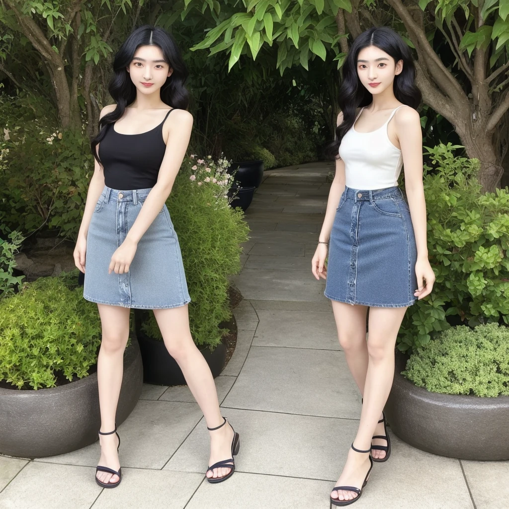 #Draw it with the following contents
#nationality Japanese
#age 20-year-old
#gender woman
#system Slender
#Hairstyle Black Hair long hair
#Eyebrow thin
#Eyes Double eyelids, curly
#nose expensive
#mouth Slightly plump
#clothing Tank top Denim skirt
#foot Sandals
#background garden
#Taking a walk alone