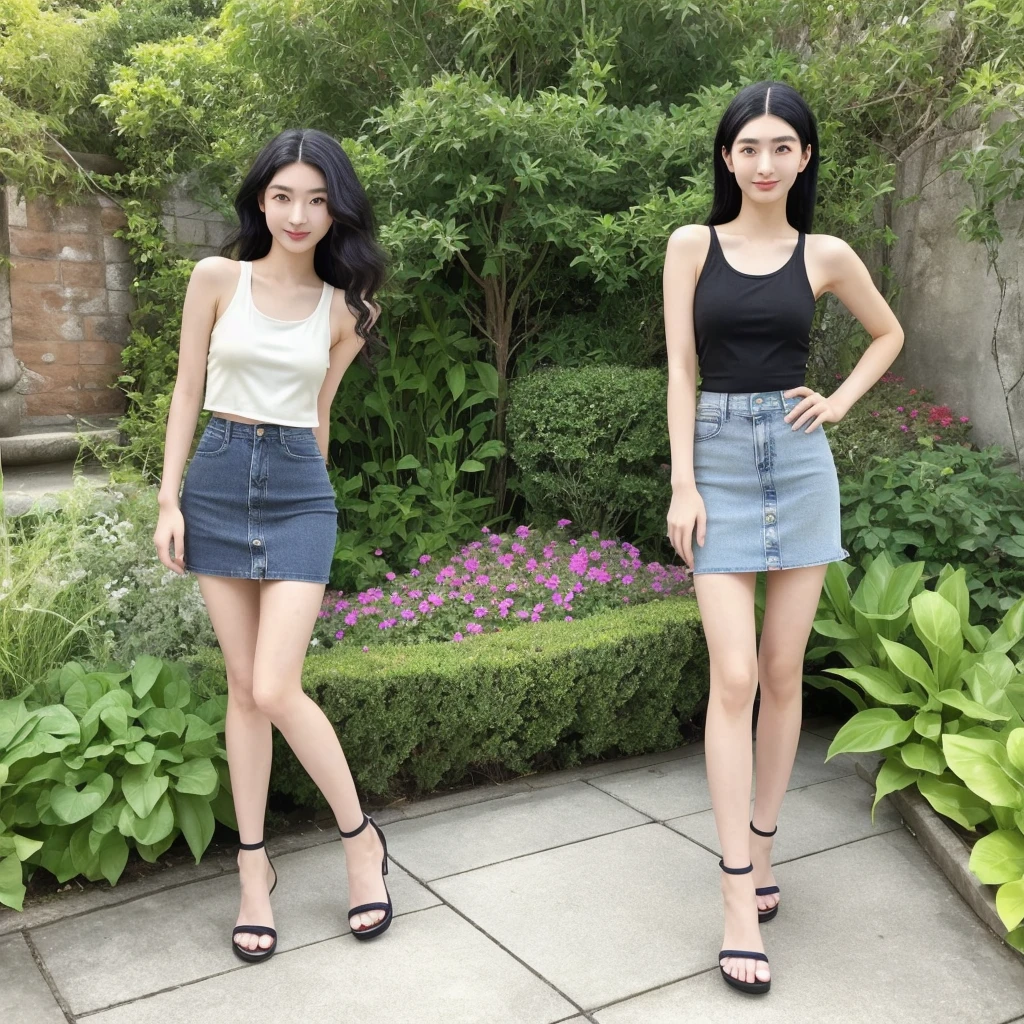 #Draw it with the following contents
#nationality Japanese
#age 20-year-old
#gender woman
#system Slender
#Hairstyle Black Hair long hair
#Eyebrow thin
#Eyes Double eyelids, curly
#nose expensive
#mouth Slightly plump
#clothing Tank top Denim skirt
#foot Sandals
#background garden
#Taking a walk alone