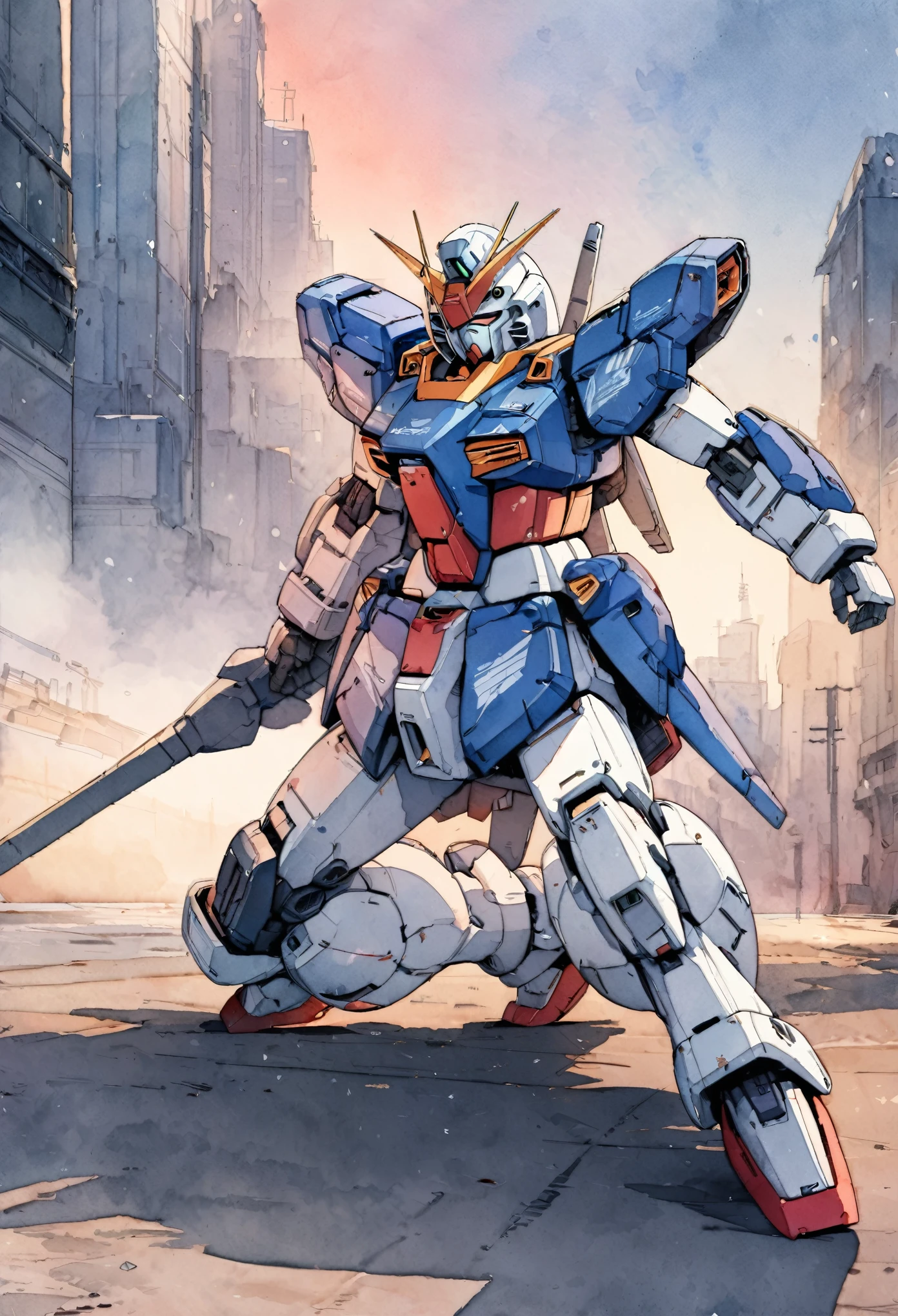 (masterpiece),(Highest quality),(Super detailed),(High resolution),((Line art)),((Watercolor)),8K,wallpaper,Mobile Suit Gundam,Gundam stands on the ground,Detailed face,dynamic