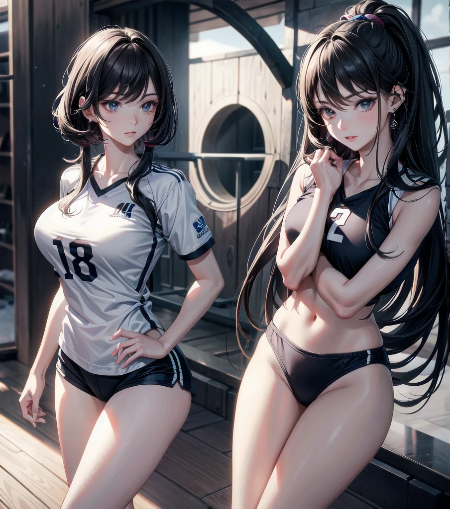 absurdres, RAW photo, extremely delicate and beautiful, masterpiece, Best Quality, ultra high resolution, 32k, hyperrealistic, ultra-detailed, Very detailed CG 8k wallpaper, Beautiful Lighting, Perfect Lightning, Realistic Shadows, perfect anatomy, super Detailed skin, perfect figure, Japanese woman, late 20s, very Slim body, narrow waist, very small head, handsome detailed woman, very detailed eyes and face, realistic face proportions, Stunning detailed eyes, Realistic beautiful face, very small face, Realistic small beautiful eyes, tearful mole, earring, bare legs, beautiful and very thin legs, beautiful and very thin thighs, very huge round breasts, full body shot, medium short hair, wavy hair, black hair, (volleyball uniform:1.2), shorts,
