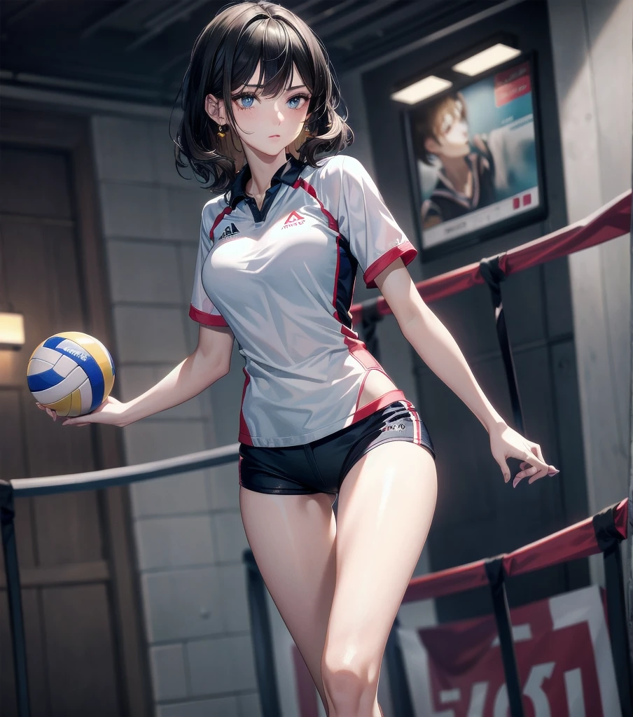 absurdres, RAW photo, extremely delicate and beautiful, masterpiece, Best Quality, ultra high resolution, 32k, hyperrealistic, ultra-detailed, Very detailed CG 8k wallpaper, Beautiful Lighting, Perfect Lightning, Realistic Shadows, perfect anatomy, super Detailed skin, perfect figure, Japanese woman, late 20s, very Slim body, narrow waist, very small head, handsome detailed woman, very detailed eyes and face, realistic face proportions, Stunning detailed eyes, Realistic beautiful face, very small face, Realistic small beautiful eyes, tearful mole, earring, bare legs, beautiful and very thin legs, beautiful and very thin thighs, very huge round breasts, full body shot, medium short hair, wavy hair, black hair, (volleyball uniform:1.2), shorts,