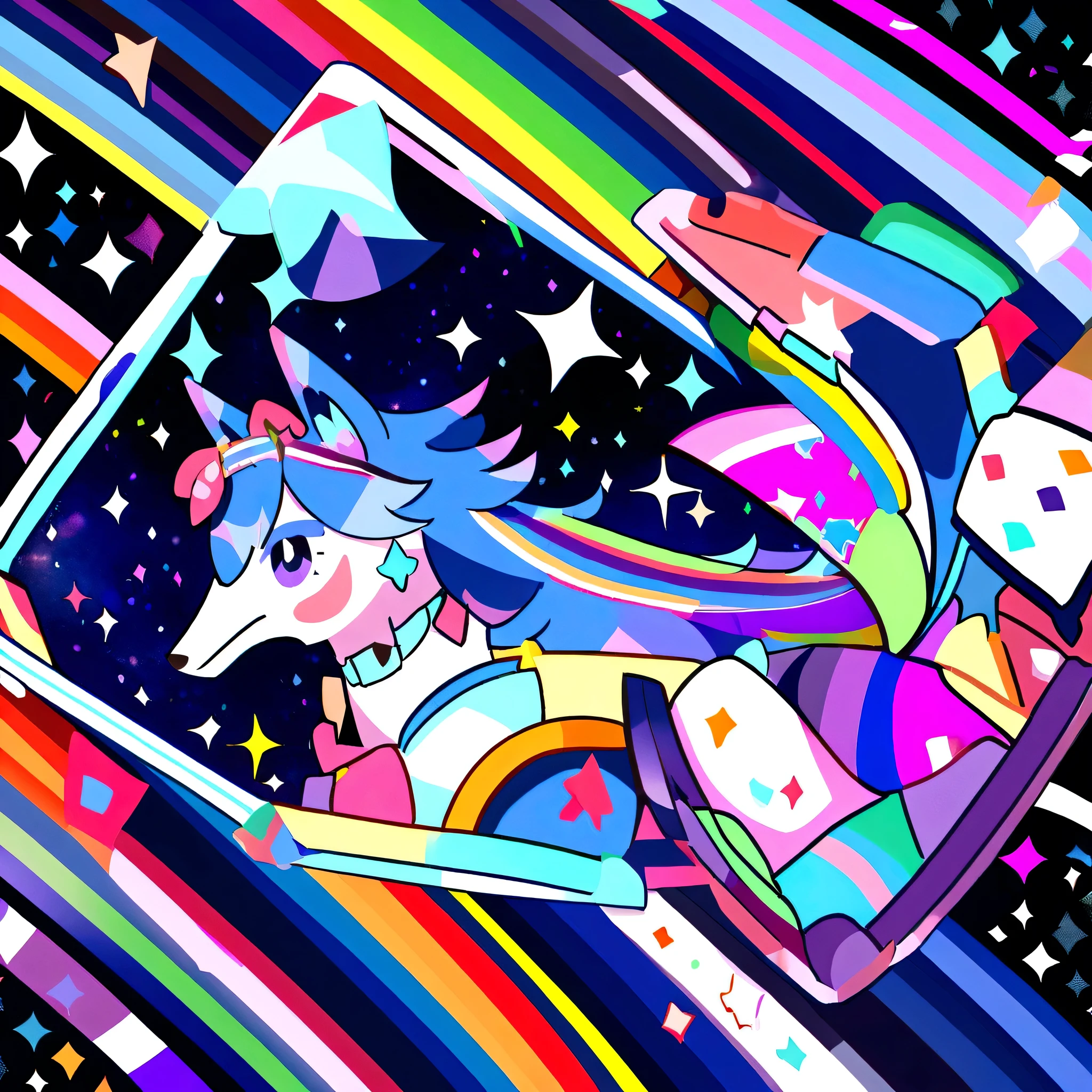Card Frame Blue wolf Rainbow background Very colorful Design a starry sky