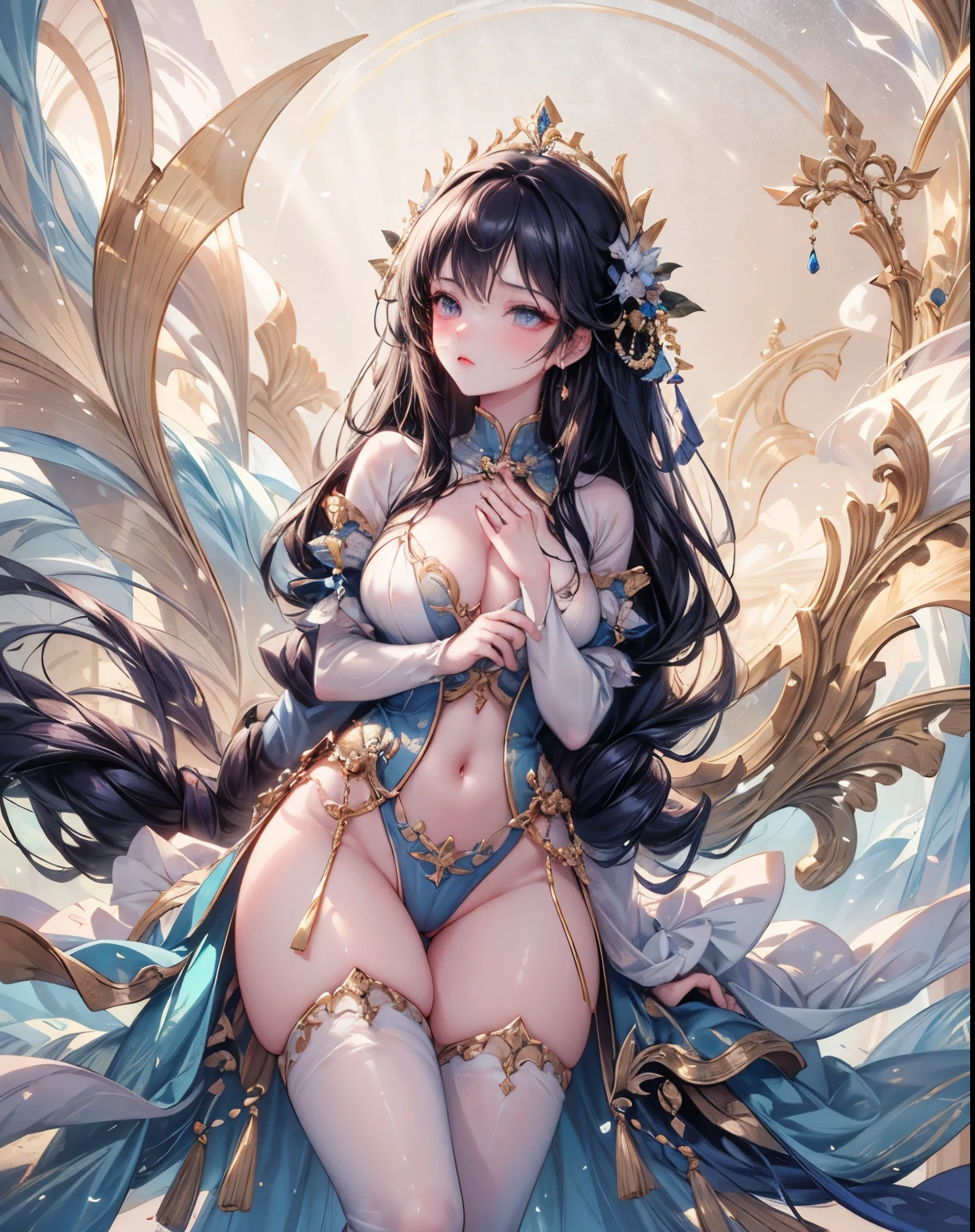 （masterpiece，top quality，Best quality，official art，beautiful and aesthetically pleasing：1.2）,beautiful princess，At the foot of the mountain，mountains in the distance，Correct anatomy，Full length photo，convex，Cute big breasts，open chest，legs separated，plum，Desire for dissatisfaction，only genitalia， camel toes，Sexual gesture,（Long hair and long meat)，gentle face, detailed eyes，Correct anatomy，detailed face, detailed eyes，Holy Rays，gold foil，gold leaf art，deep background，absurdity，fantastic and incredible，Epic composition，(complex parts，hyper detail:1.2)，ultra photorealistic, epic realistic, ((with neutral colors)),(pastel color:1.2), hyperrealistic, + cinematography + dynamic composition, incredibly detailed, sharpen, cinematic, warm light, light effect, dramatic light, (complex parts:1.1), complex background, (black and red:0.4)