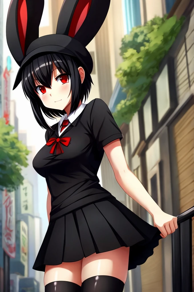 girl, anime, black hair, Red eyes, black hat, black rabbit ears,black top,black skirt, black tights.