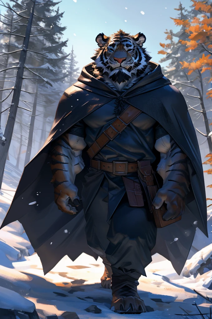 By Taran fiddler, solo, male, tiger man, dressed in a cloak and satchel, muscular, older male, cloak hiding face, face hidden by cloak hood, beard, walking towards viewer, smaller silhouette behind the tiger, forest background, snowy, establishing shot, character is far in the background, zoomed out, dynamic angles, dynamic posing.