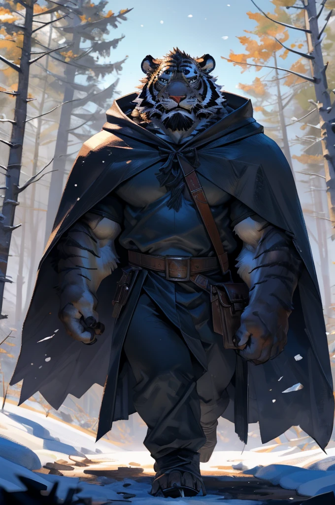 By Taran fiddler, solo, male, tiger man, dressed in a cloak and satchel, muscular, older male, cloak hiding face, face hidden by cloak hood, beard, walking towards viewer, smaller silhouette behind the tiger, forest background, snowy, establishing shot, character is far in the background, zoomed out, dynamic angles, dynamic posing.