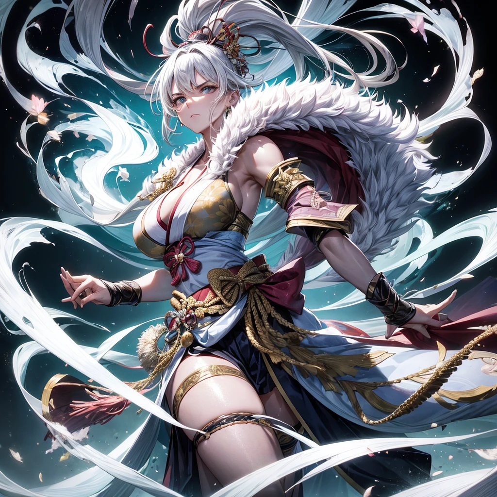 Female warrior, fierce fighting posture, shy eyes, big breasts with areola and navel exposed, a hint of pink on the top of her head, well-developed muscles, wearing a white kimono with high slits, with the effect of being worn, full body portrait, the length of the kimono is adjusted to thigh length, the length of the kimono The slits are trimmed with tassels or other accessories. Fall backwards on the floor, spread your legs subtly, and show a pained expression