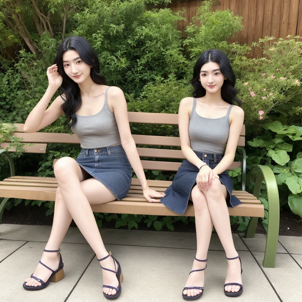 ＃Draw it with the following contents

＃nationality　Japanese
＃age　20-year-old
＃gender　woman
＃system　Slender
＃Hairstyle　Black Hair　long hair
＃Eyebrow　thin
＃Eyes　Double eyelids, curly
＃nose　　expensive
＃mouth　Slightly plump
＃clothing　Tank top　Denim skirt
＃foot　Sandals
＃background　garden
＃Sitting on a bench