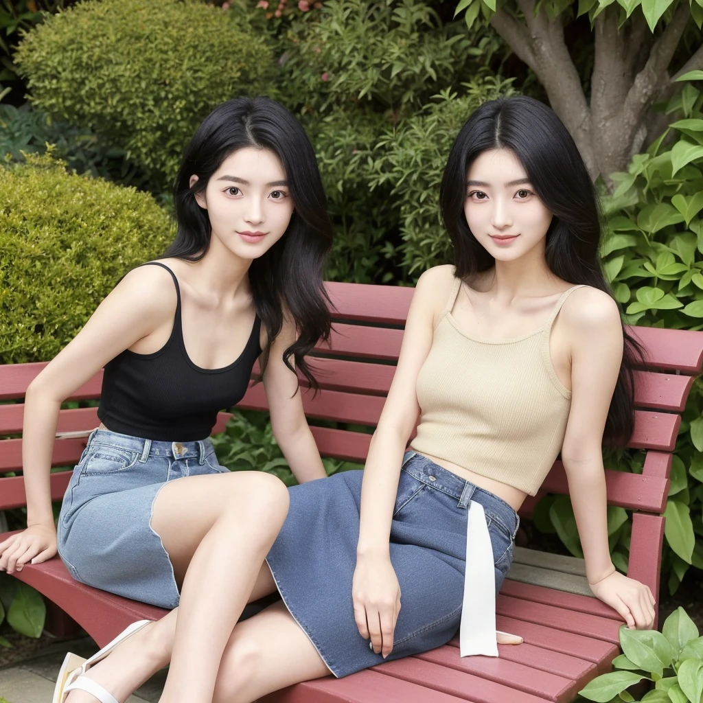 ＃Draw it with the following contents

＃nationality　Japanese
＃age　20-year-old
＃gender　woman
＃system　Slender
＃Hairstyle　Black Hair　long hair
＃Eyebrow　thin
＃Eyes　Double eyelids, curly
＃nose　　expensive
＃mouth　Slightly plump
＃clothing　Tank top　Denim skirt
＃foot　Sandals
＃background　garden
＃Sitting on a bench