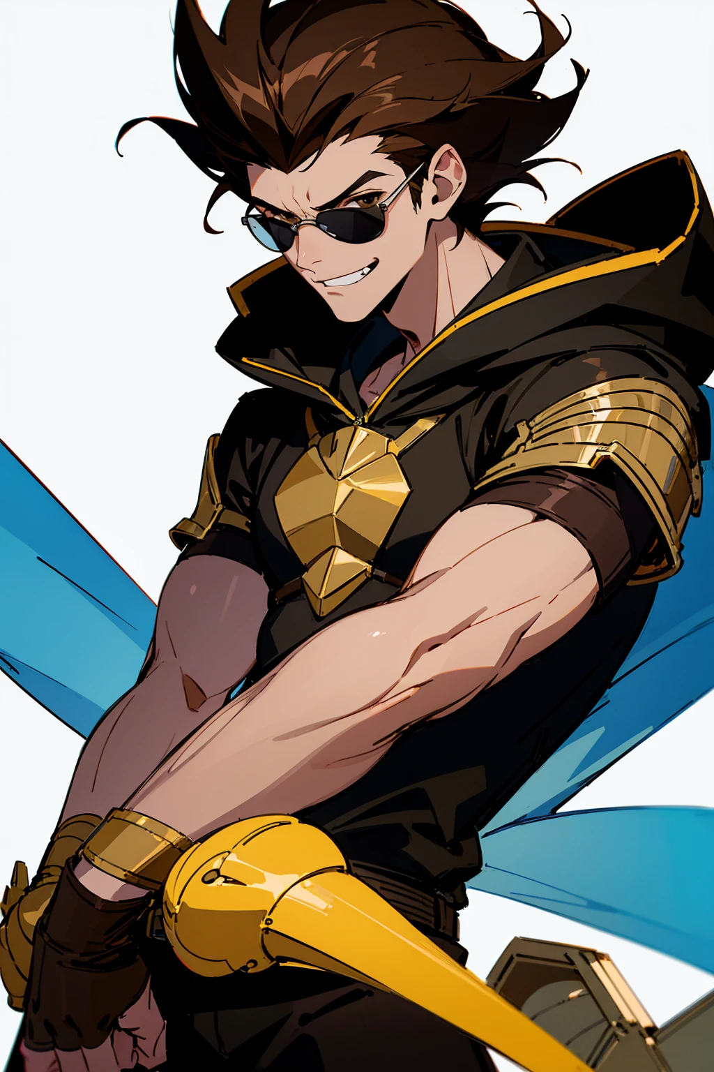 ((illustration)), (best quality)), ((masterpiece)), (detailed), ((white background)), teenage, boy, dark hair, brown eyes, muscular, shirt, black hoodie, sunglass, smirking, solo, gauntlet, day, stylish, slick hair,