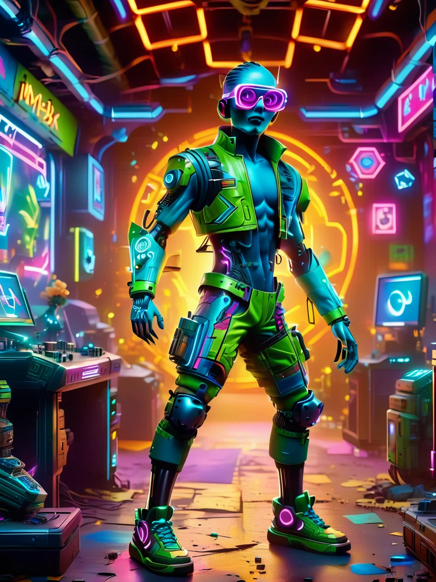 best quality, masterpiece, 3d, Pixar Artwork, Electronic variants, Cartoon zombie with big glasses in the factory,in a dynamic dancing pose within a colorful virtual reality world teeming with neon lights and vibrant holograms. The scene bears the influences of both pop art and graffiti, a truly cyberpunk-inspired ensemble with explosive energy, created using digital painting methods and radiant, glowing effects