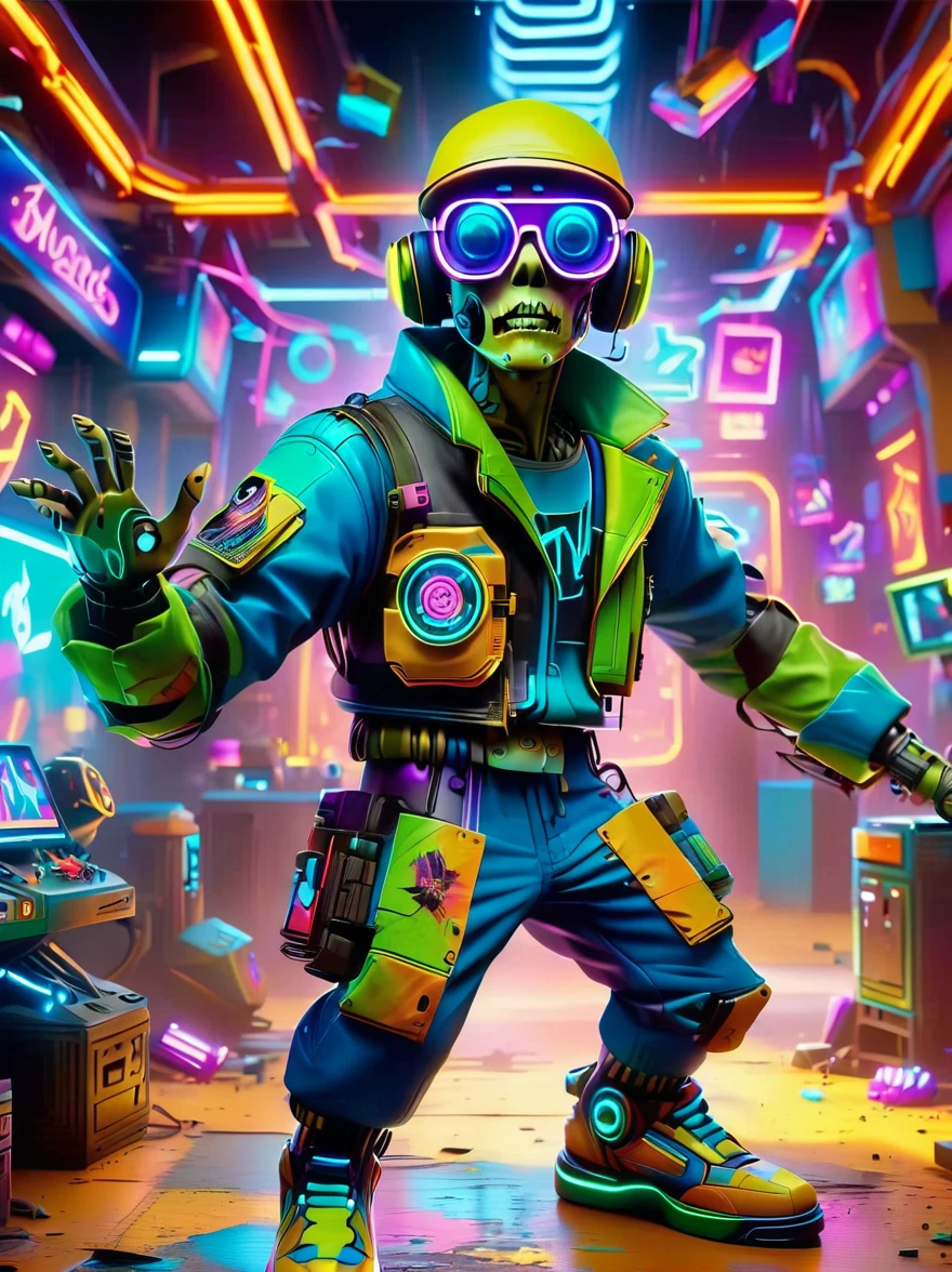 best quality, masterpiece, 3d, Pixar Artwork, Electronic variants, Cartoon zombie with big glasses in the factory,in a dynamic dancing pose within a colorful virtual reality world teeming with neon lights and vibrant holograms. The scene bears the influences of both pop art and graffiti, a truly cyberpunk-inspired ensemble with explosive energy, created using digital painting methods and radiant, glowing effects