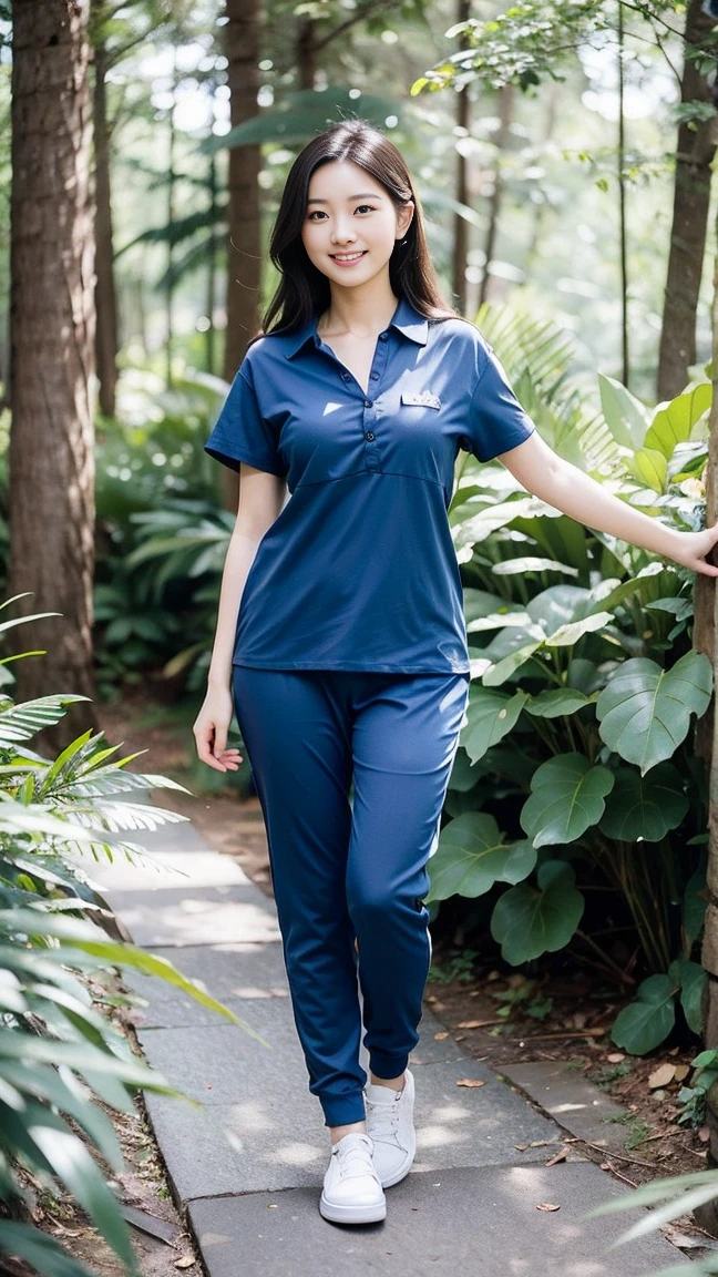 masterpiece, best quality, Surreal, Ultra Detailed, 8k resolution, RAW photos, Clear focus, (A girl in the forest), ((navy blue shirt:1.1)), Short sleeve, Long sweatpants,Full body posture, Solitary, Perfect body, Become a, 32 inches in the chest,(a charming smile:1), (sexy pose),26 years old, light,White shoes