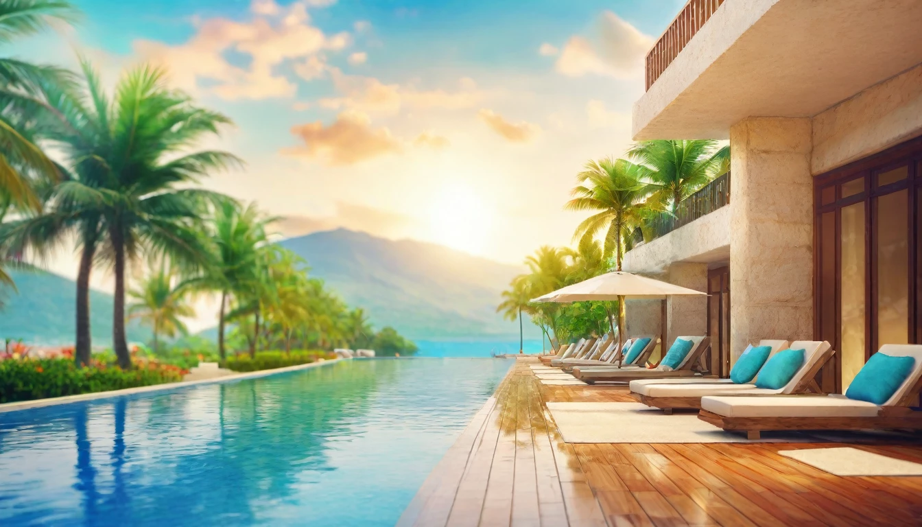 Resort hotels,Pool,Summer sky,noon,Blur the background,Glitter effect,Highest quality, 8K, High resolution, masterpiece:1.2, Very detailed, Realistic:1.37, High resolution, 超High resolution, Ultra-fine painting, Very detailed, Professional, Vibrant colors