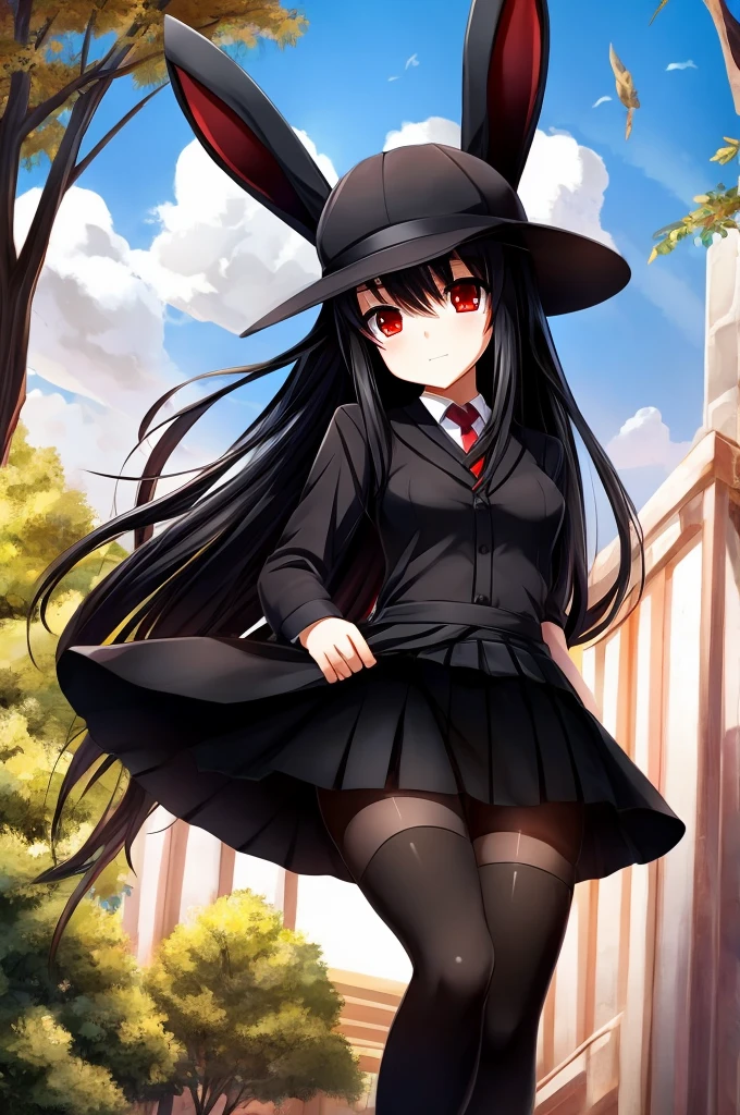 girl, anime, long black hair, Red eyes, black hat, black rabbit ears,black top,black skirt, black tights.