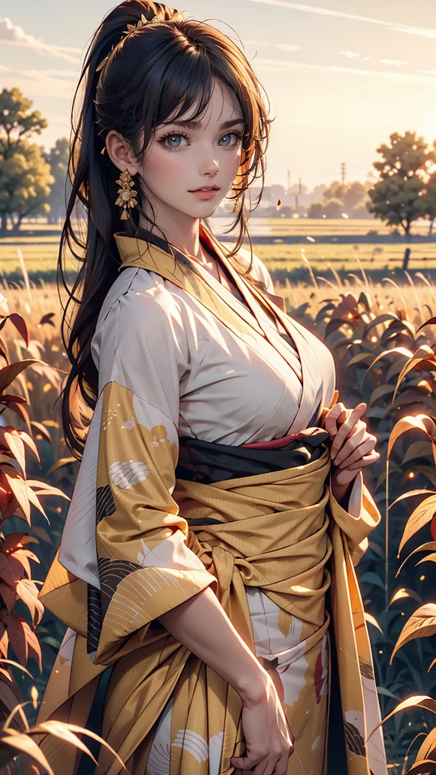 A girl in a kimono stands expressionless in a wheat field up to her waist, Black kimono with gold rimming, her hair is tied in a ponytail, Yellow Eyes, The sunset in her eyes, The light hits her face, Half landscape orientation to the camera