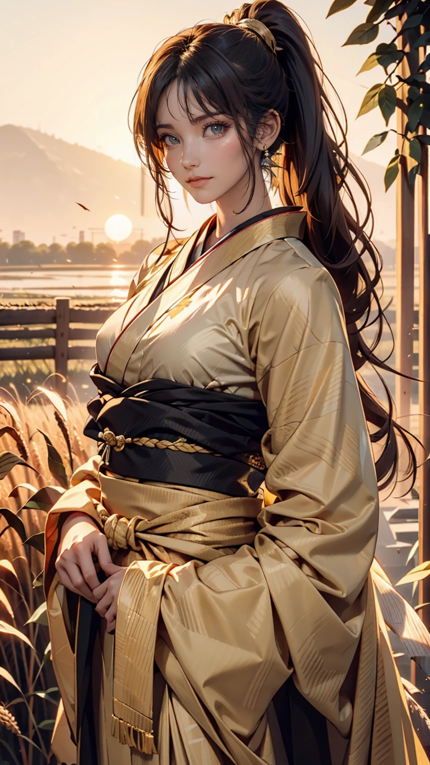 A girl in a kimono stands expressionless in a wheat field up to her waist, Black kimono with gold rimming, her hair is tied in a ponytail, Yellow Eyes, The sunset in her eyes, The light hits her face, Half landscape orientation to the camera