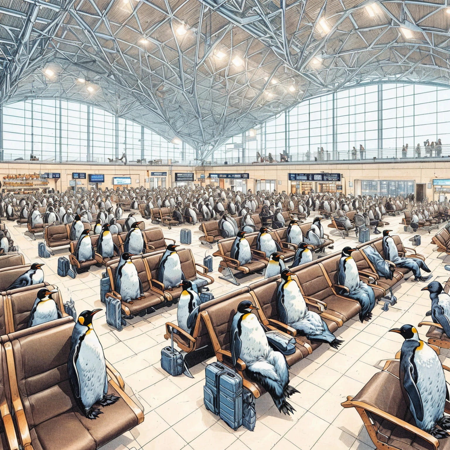 there are many penguins sitting in chairs in an airport terminal, army of penguins, by Tomioka Tessai, by Thomas Dalziel, by karlkka, by Alexander Kucharsky, by Jeka Kemp, dirk dzimirsky, by Kose Kanaoka, in future airport rooftop, hi-res, hi - res, f 2. 0