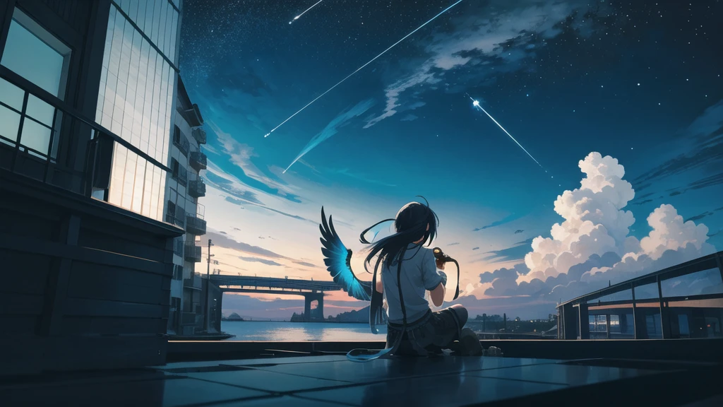 Octane, null, star (null), scenery, Blue Parakeet,Acoustic guitar,starnull, night, One girl, Back view,nightnull, alone, Outdoor, Blue Parakeet,building, cloud, milky way, Sitting, wood, Long Hair, Acoustic guitarが近くにある,city, silhouette