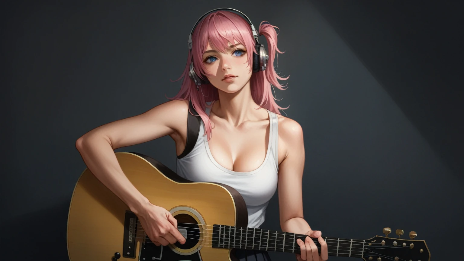 ((masterpiece,best quality))1girl, solo, black skirt, blue eyes, electric guitar, guitar, headphones, holding, holding plectrum, instrument, long hair, , music, one side up, pink hair, playing guiter, pleated skirt, black shirt, indoorsï¼(Unreal Engine Rendering: 1.1),(realistic, photo-realistic:1.1),(super detail: 1.2), very clear, film level lighting, 4k, masterpiece,high resolution, skin texture,