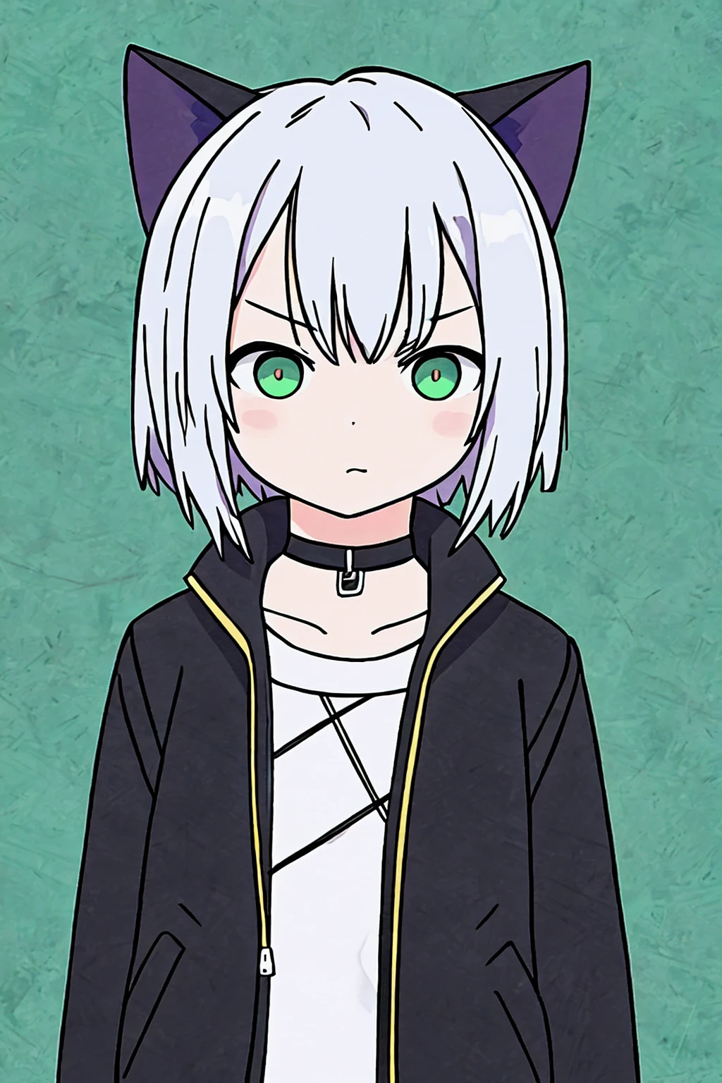 1girl, :3, animal_ears, bangs, black_background, black_jacket, blush, cat, cat_ears, choker, closed_mouth, collarbone, eyebrows_visible_through_hair, green_eyes, hair_between_eyes, jacket, letterboxed, looking_at_viewer, medium_breasts, sarashi, short_hair, silver_hair, solo, stuffed_animal, stuffed_toy, transparent_background, upper_body, virtual_youtuber, white_hair, wears techwear clothes, detailed, masterpiece, 