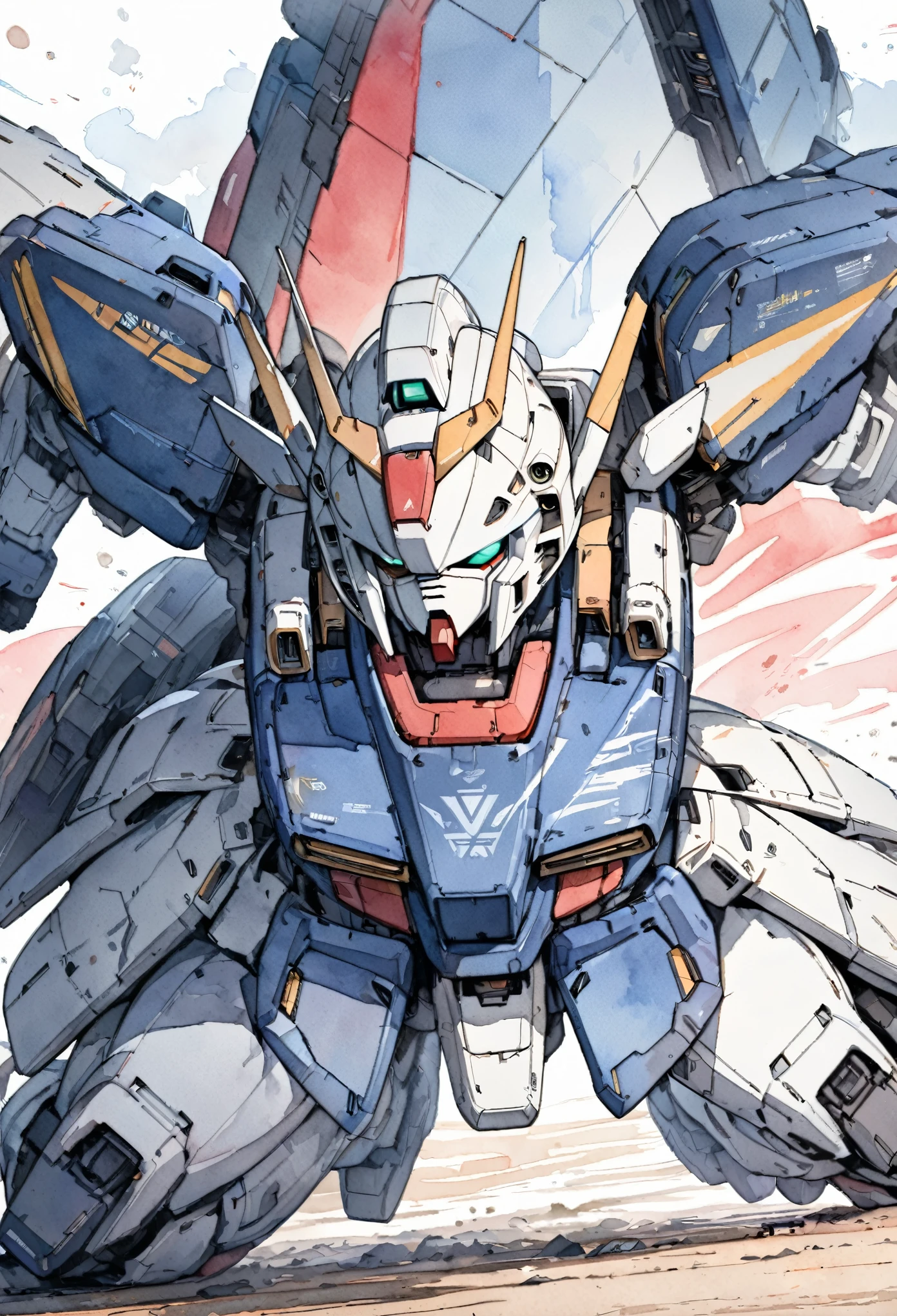 (masterpiece),(Highest quality),(Super detailed),(High resolution),((Line art)),((Watercolor)),8K,wallpaper,Mobile Suit Gundam,Gundam stands on the ground,Detailed face,dynamic,Twin Eye