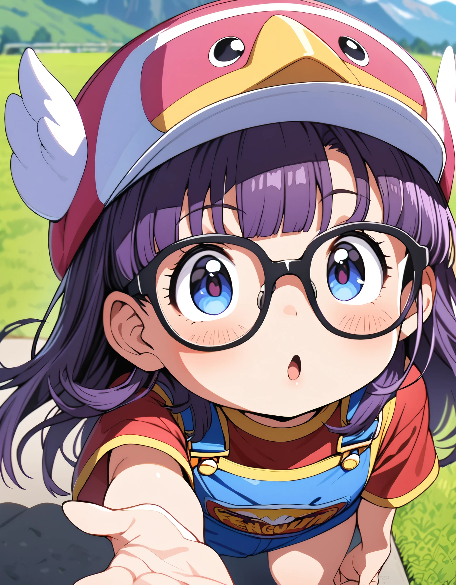 masterpiece, best quality, very aesthetic, absurdres, 1girl, ds-norimakiarale, purple hair, long hair, blue eyes, black-framed eyewear pink hat, winged hat, ds-norimakiarale outfit, red shirt, blue overalls, yellow socks, blue shoes, close-up of face, Aralee raises one hand in greeting, Penguin Village mountains in the background