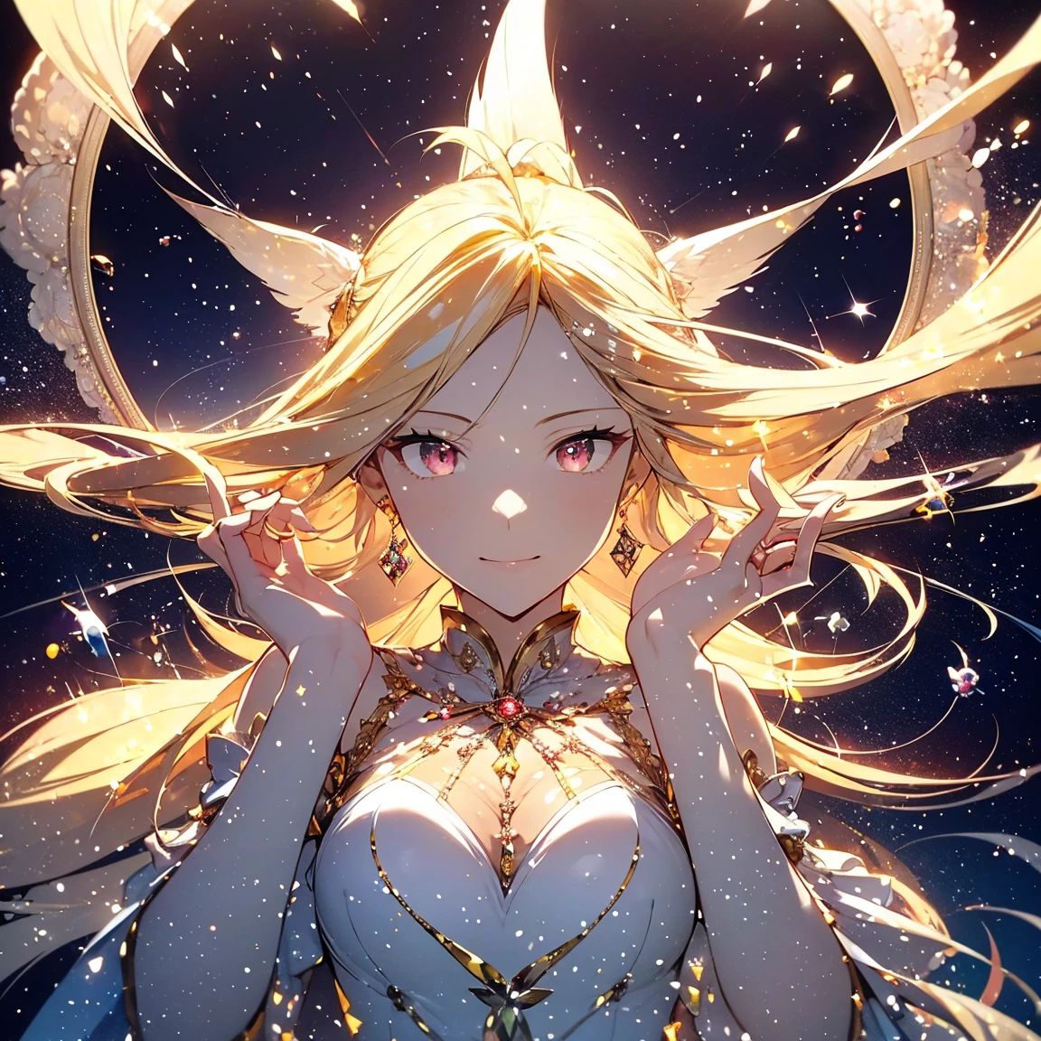 With topaz motif,Pretty, one person, yellow hair, ahoge, hair behind ear, hime cut, crystal hair, flower,water, pupils sparkling, diamond-shaped pupils, Genre painting, sparkle, reflection light, move chart, anatomically correct, textured skin, super detail, high quality, highres,Fine-grained skin,The big picture,garnet-like beauty,It's like a jewel,Diamonds scattered around,Fine-grained light,masterpiece,bust,silk,mysterious,(Detailed Hair)++++,Worthy of God,Reflected light,Composition in motion,Detailed clothing,Trending,Detailed pupils,dress,jewel hair,Realistic light,profile,yellow,tachi-e, Fujifilm, from side,anatomically correct, award winning, high details, ccurate, UHD, tachi-e,light powder,emerald,(Detailed Hands)+,China,jewel,yellow flower,,Detalied jewel,ultra Dateiled,