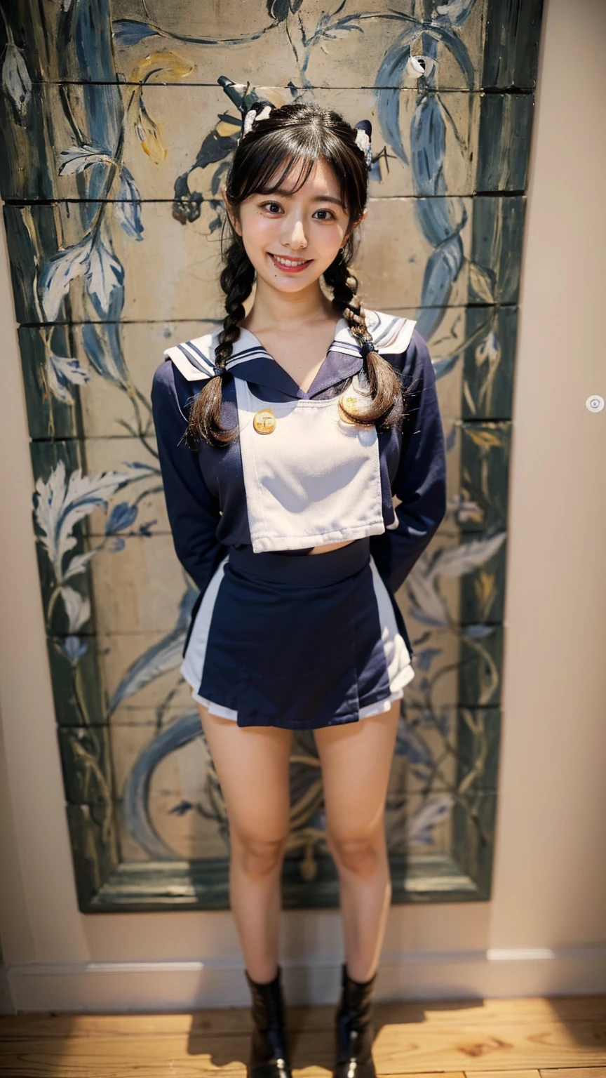 (8K、RAW Photos、Highest quality、masterpiece:1.2)、(Realistic、Realistic)、1 girl、((Sailor Warrior Outfits:1.5、With pubic hair、Large Breasts、Full body from the front、Standing with hands behind back、、Lots of eyelashes、Glowing eyelids、skeletally correct、smile、This photo will awaken boys to sex