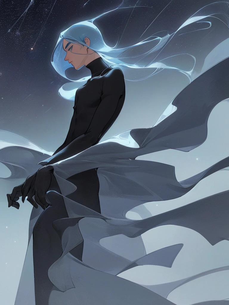 Beautiful man,High nose,Long eyelashes,Thin eyebrows,ephemeral,Slim body,profile,Black Shirt, Dull Blue,lonely,Lonely,star,anime,Ultra HD,From below,look down on,Lighting using airborne particles,Strong winds