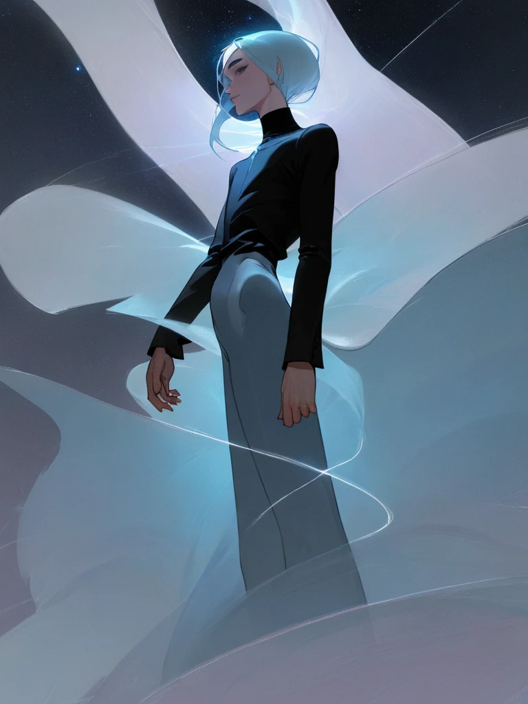 Beautiful man,High nose,Long eyelashes,Thin eyebrows,ephemeral,Slim body,profile,Black Shirt, Dull Blue,lonely,Lonely,star,anime,Ultra HD,From below,look down on,Lighting using airborne particles,Strong winds