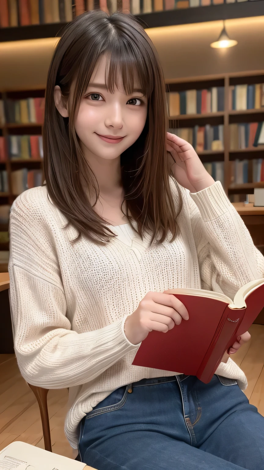 closeup shot , Best picture quality (8K, high resolution, Masterpiece: 1.2), super detailed, 215 Short Hair, 16-year-old woman,
situation: Reading a book in a library or cafe。
clothing: Casual sweater and denim、sneakers。
angle:
Close-up: Hands turning the pages of a book、A detailed shot of him reading a book with a serious expression。
Detailed depiction: The quiet atmosphere of a library or the warm lighting of a cafe as a backdrop、Emphasise concentration。
Emotional moment: The expression of someone engrossed in the book they are reading,、Capture the smile when you get to the interesting part。
, Close-up of face
, random cute pose ,big eyes ,Puffy eyes , Heart Pupil, blush , huge shy smile , salute