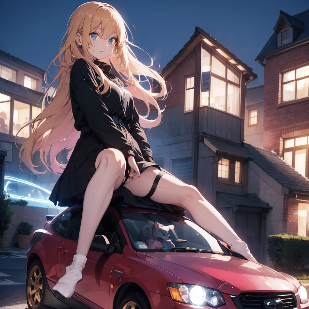teenage woman ,long golden hair, blue eye,Wear black, Posing on the roof of a pink sports car ,colored lights,cat bag,Morning.