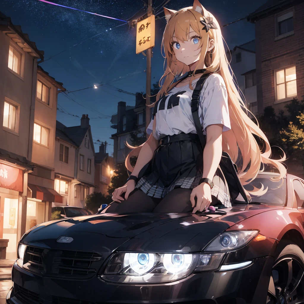 teenage woman ,long golden hair, blue eye,Wear black, Posing on the roof of a pink sports car ,colored lights,cat bag,Morning.