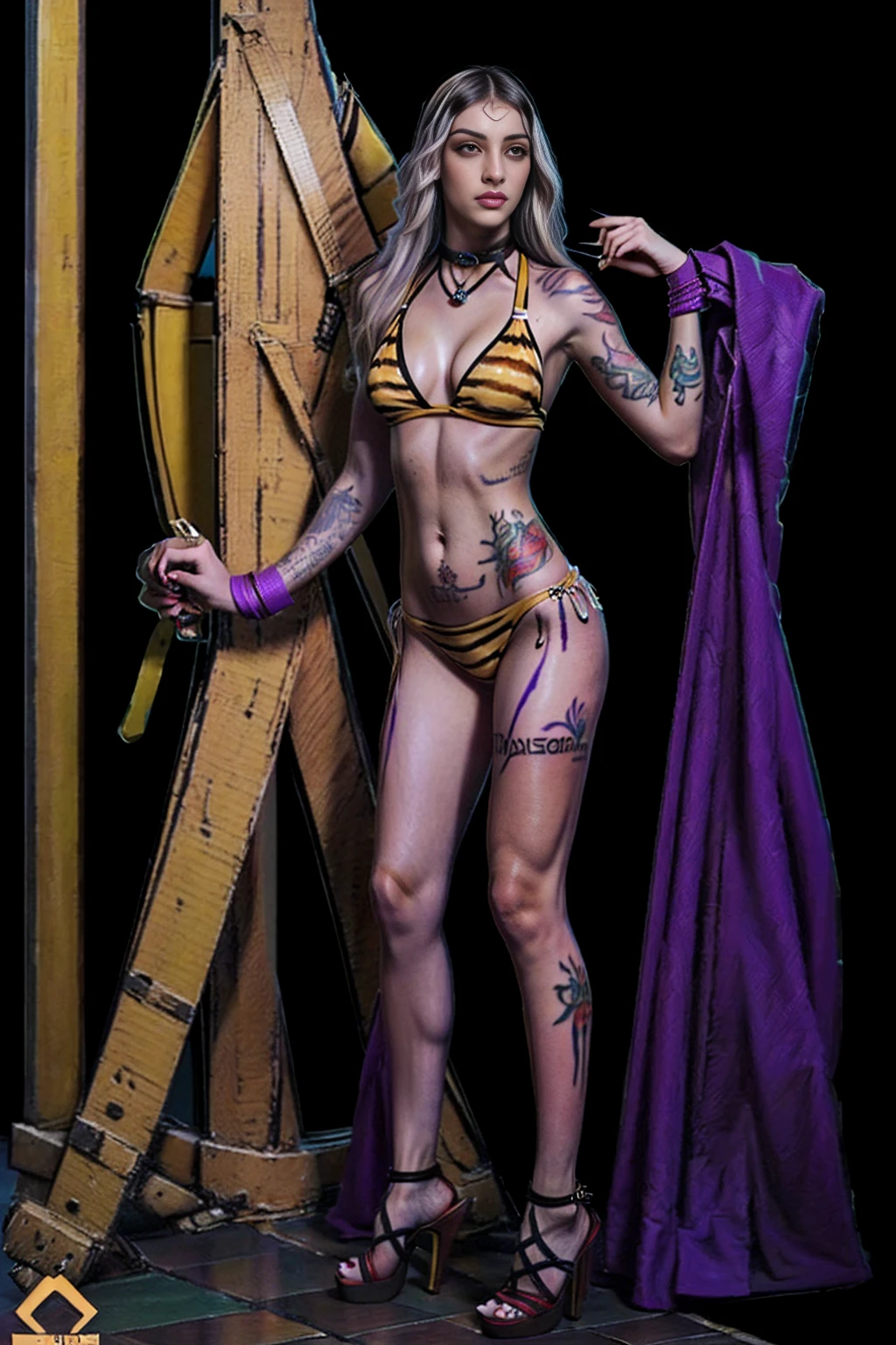 ((Masterpiece, whole body,ultra detailed,illustration,beautiful,amazing)), 1 girl, Cassia Orsellio (Sex slave tattoo on navel., ABS, exposed stomach, shackles on hands and legs, Black choker on the neck, standing straight, high heels, long white hair, purple eyes, yellow tiger striped bikini)