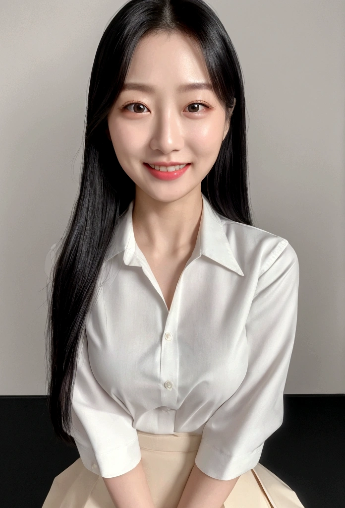 1people、Delicate skin quality、日本people、((Highest quality, 4K, Masterpiece: 1.3)), Beautiful style: 1.4, Long black hair, from shirt, Large ,Place your arms on your hips, smile, Teacher Outfit, Highly detailed face and skin texture, Fine grain, double eyelid、The whole body is visible、White teeth、Teaching lessons、skirt
